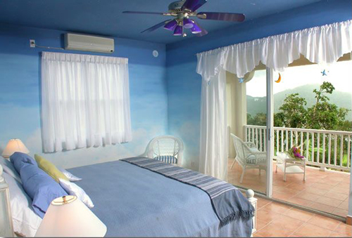 USVI St John rental villa Arco Iris Shooting Star bedroom with king bed and private deck and bathroom
