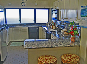 St John USVI Vacation Rental Soft Winds gourmet kitchen with granite counters and fantastic view