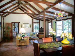 St John Rental Home Tree Tops spacious living room with high ceilings and tropical furnishings